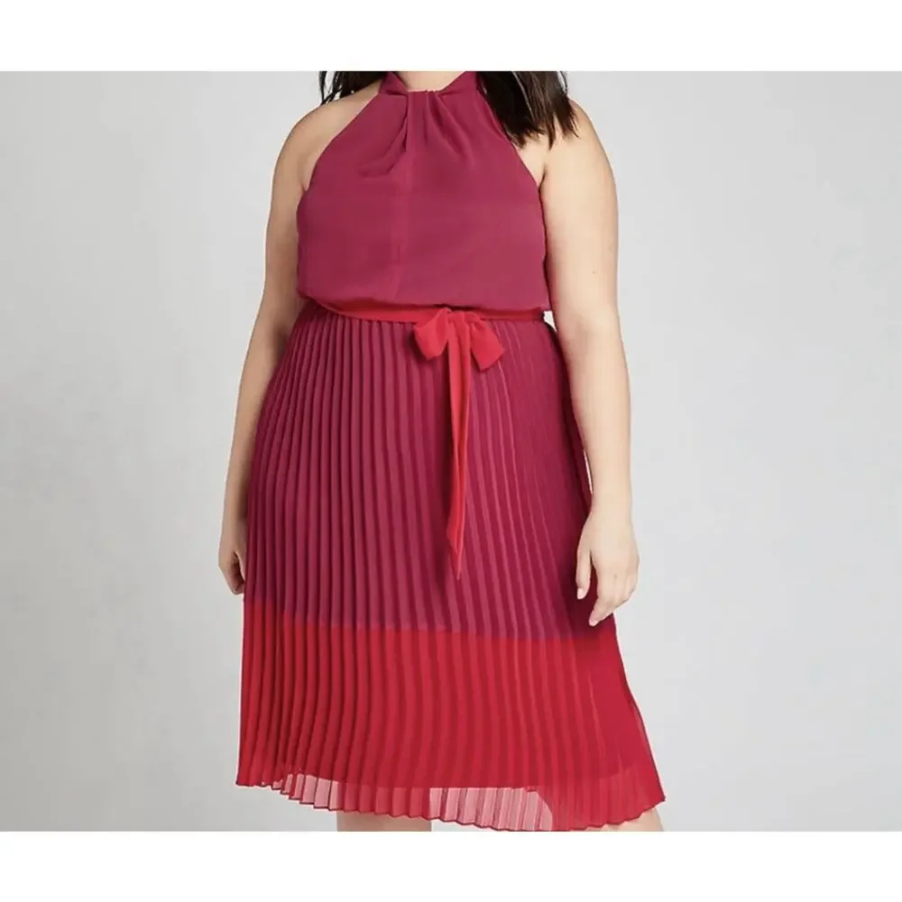 Lane Bryant Plus Size 26 Pleated Color block Fit & Flare Dress Accordion Pleat